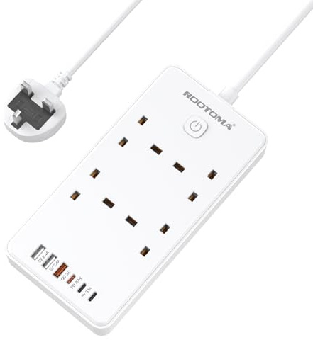 Extension Lead with 6 USB (QC3.0/PD20W), 4 Way Surge Protected, 1.5M | Wall Mounted Multi Plug Power Strip with Switch for Home Bedroom Kitchen Office, White