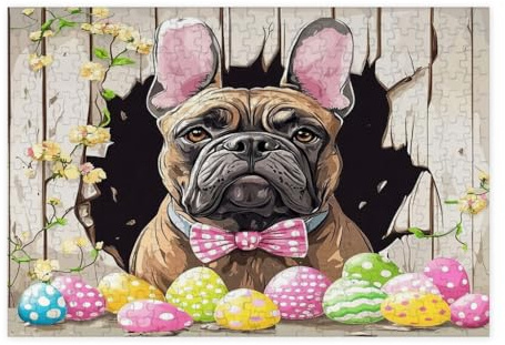 Spring Easter Cane Corso Dog Jigsaw Puzzles for Adults 300 Piece, Fun Rustic Eggs Puppy Wooden Puzzles, Farmhouse Pattern Decor for Home Entertainment