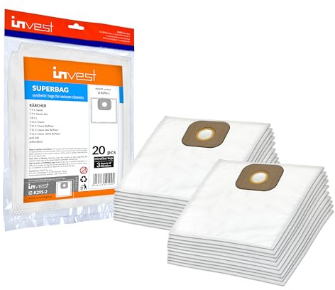 Invest - Staubsaugerbeutel für Kärcher: T 7/1 Classic, T 8/1 L, T 11/1, T11/1 Classic Adv Re!Plast, ProT 200 - Alternativ zu 6.904-084.0, weiß, Vliesbeutel mit Pappgriff, 20 Stück