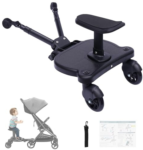 Goddlgjik Buggy Board mit Sitz Trittbrett Mitfahrbrett Universal BIS 25KG | 360° Zweirad Design Trittbrett für Kinderwagen Universal für 3-7 Jahre alte Kinder, Stehbrett Kinderwagen