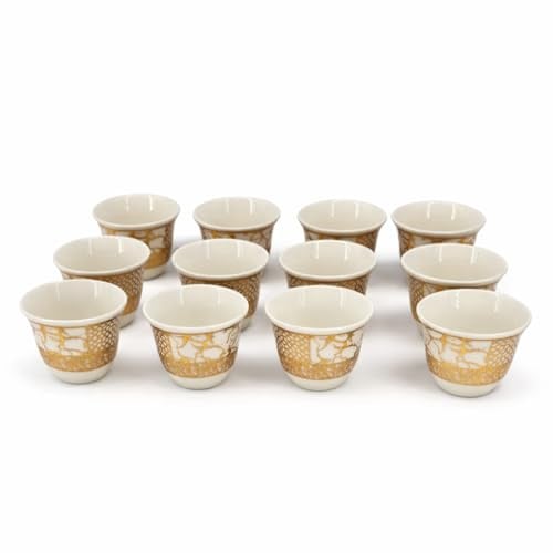 Arabische Kaffeetassen Set, Porzellan, Weiß mit Gold-Design, 12 Stück, 70 ml, Orientalisch (Gold Weiß)