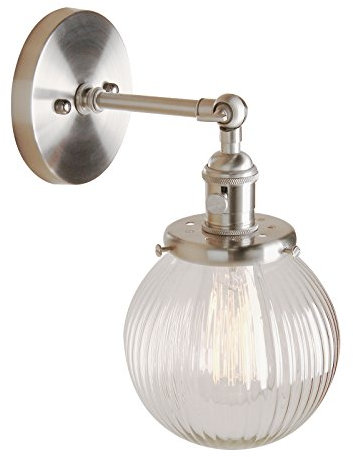 PathsOn 15cm Industrial Modern Vintage Retro Wall Lights, Loft Bar Kitchen Sconce Lights Lamp Fixture with Ribbed Globe Clear Glass Light Shade(Brushed)