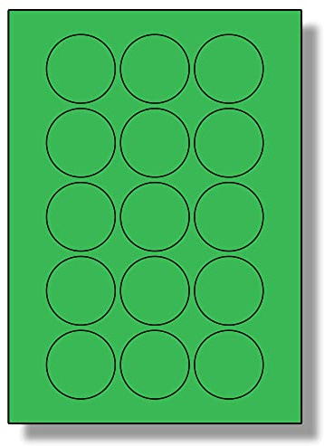 Label Planet® 15 Per Sheet, 5 Sheets (75 Round Green Labels). Round Coloured Paper Labels, 51mm Diameter, LP15/51R C