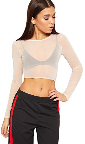 WearAll Womens Sheer Mesh Crop Top Ladies Long Sleeve Crew Neck Plain Stretch New - Nude - 8-10