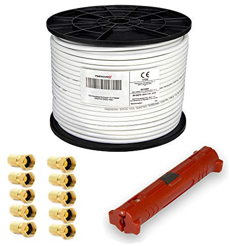 Premium X 100m Basic Koaxialkabel 135dB 4-Fach SAT Antennenkabel Koax-Kabel RG6 Satellitenkabel Abisolierer 10x F-Stecker