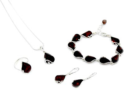 Unbekannt Bernstein Schmuck Set Halskette Pendant Armband Ohrringe Ring Schmuckset dunkelrot Damen Silber 925