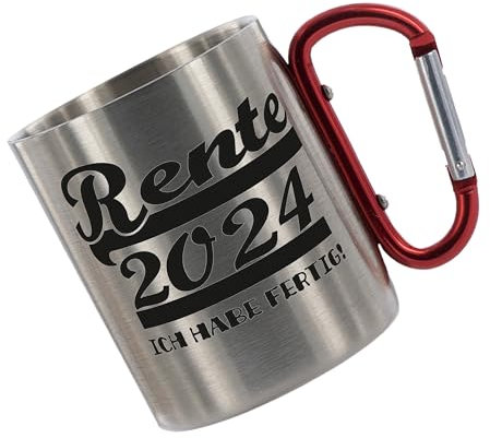 Crealuxe Edelstahltasse mit Karabiner Rente Jahreszahl - ich Habe fertig Tasse bedruckt, Kaffeetasse, Bürotasse, Metalltasse mit Name (Rente 2024)