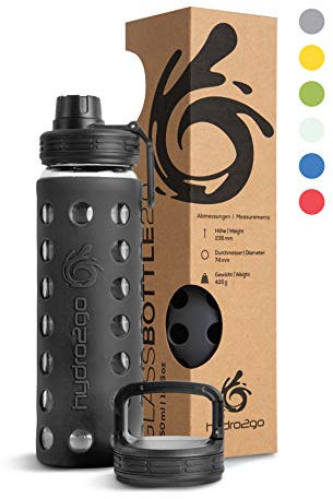 hydro2go Glas-Trinkflasche mit Silikonhülle – Spülmaschinenfest, 2 Wechseldeckel, 100% Auslaufsicher & BPA-frei – Ideal für Kinder, Büro, Fitness, Yoga, Sport & Outdoor (Onyx Black 2.0) – 550 ml