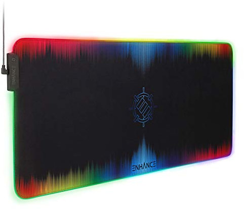 ENHANCE Alfombrilla XXL De Ratón Gaming Extra Grande - Alfombra Escritorio Suave con 7 Colores RGB, 3 Modos, Superficie Resistente Al Agua - (Multicolor) - Extendida - 32 X 14 Pulgadas