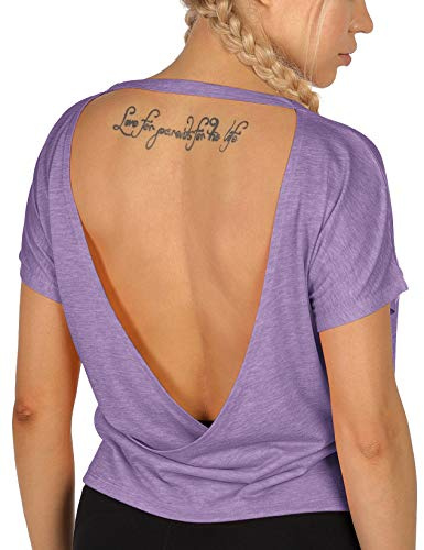 icyzone Damen Sport T-Shirt Rückenfrei Kurzarm Shirt Loose Casual Oberteile Yoga Top