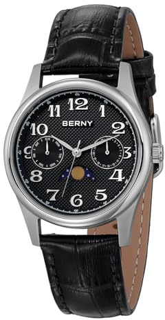BERNY Mondphase Uhr Quarzuhr für Damen Armbanduhr | Zifferblatt-Zusatzanzeige mit Datum- und Wochentagskalender, Echtlederarmband, wasserdicht