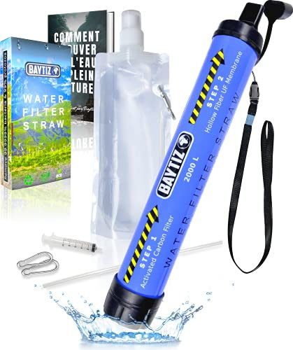 BAYTIZ ® Paille Filtrante de Survie + Gourde Souple | Materiel Militaire Kit Voyage Filtre Eau Mini Pompe Randonnée Ration de Combat Robinet Purificateur Sac Charbon Camping Bouteille Poche Complet