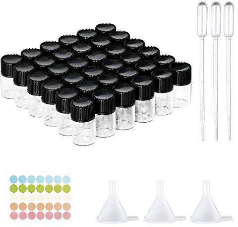 LUCKNIGHT 36PCS 2ML Small Vials Transparent Glass Essential Oil Bottle Small Transparent Cute Mini Glass Bottle Empty Sample Containers with Screw Cap