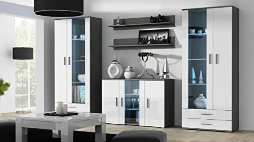 Wohnwand SOHO 10 mit Blauer LED Beleuchtung, Anbauwand, Wohnzimmerschrank, Schrankwand, Vitrine, Lowboard, Hängeregal(Grau/Weiß Hochglanz)