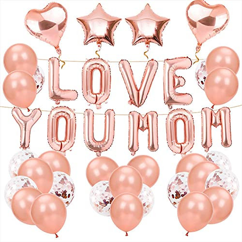 SoulQool 42-teiliges Muttertags-Ballon-Set, Roségold, Love You Mom-Luftballon-Set, 40,6 cm, Buchstaben-Ballon, Banner, Folie, Konfetti, Latex-Ballons, Geschenke, Party-Dekorationen