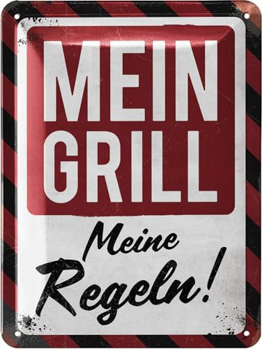 LANOLU Retro Blechschilder Grillen - MEIN GRILL MEINE REGELN - BBQ Grill Retro Deko - Grillplatz Schild Garten - Geschenk für Papas Grillecke Schild - Schilder mit Sprüchen, 15x20 cm