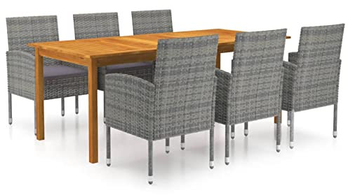 Gecheer 7-TLG. Garten Essgruppe 6 Personen, Sitzgruppe Massivholz Gartentisch & 6 Polyrattan Stühle mit Sitzkissen, Terassenmöbel Gartenmöbel Sitzgarnitur Grau