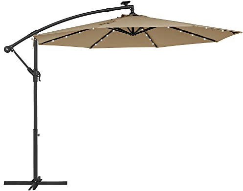 SONGMICS Cantilever Garden Parasol with Solar-Powered LED Lights, 3 m Banana Patio Umbrella with Base, Crank for Opening Closing, Sunshade with Protection UPF 50+, Taupe GPU118K01