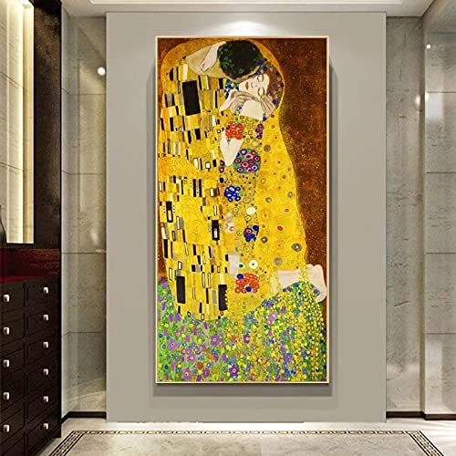 Gustav Klimt Der Kuss – Ölgemälde auf Leinwand, berühmte Kunst mit goldenem Rahmen, druckt großformatige Wandkunst für Wohnzimmerdekoration, 175 x 75 cm/69 x 30 Zoll mit goldenem Rahmen