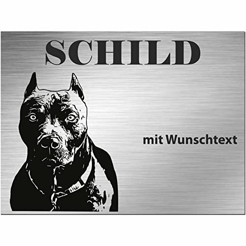 INDIGOS UG - Schilder selbst gestalten Pitbull Terrier - Wunschtext personalisiert - Aluverbundplatte Edelstahllook - ab 20x15 cm - Spruch - Deko Geschenkidee für Ihren Hund - Zaun - Türschild