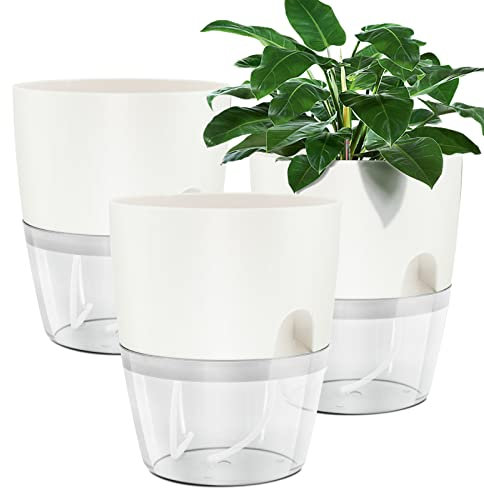 Muzhira Blumentopf Plastik, 3 stücke 10.5cm Kräutertopf mit Selbstbewässerung und Wasserspeicher, Moderne Pflanztopf für Zimmerpflanzen, Blumen und Kräuter - Weiß