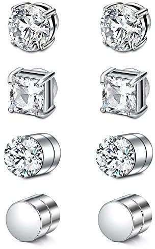 D.Bella Magnetische Ohrstecker Fake Zirkonia Diamant Ohrringe für Frauen Männer Mädchen Silber Metall Edelstahl, Metall, Edelstahl