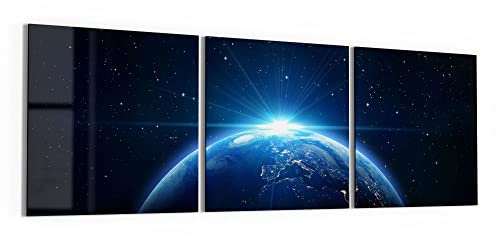 DEQORI Glasbilder Echtglas | Motiv Sonnenaufgang im All | horizontal 3-teilig 150x50 cm | große XXL Deko | Wandbilder für Wohnzimmer, Schlafzimmer, Flur & Küche | moderne Wanddeko