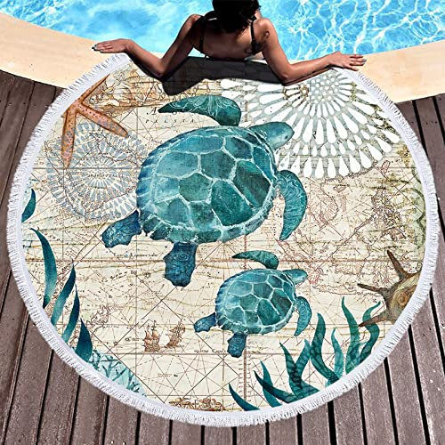 LXTOPN Rund Strandtuch, Mikrofaser Strandtuch XXL, Meeresschildkröte Badetuch groß 150cm für Stranddecke Yogamatte Handtücher mit Quasten (Blau-Schildkröte 1)