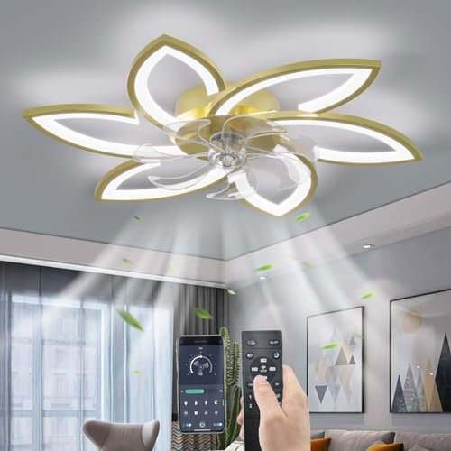 YUNZI Mute Ceiling Fan with Light with Remote Control, LED Dimmable Fan Ceiling Lamp, Modern Ceiling Fan Lighting for Living Room Bedroom Office, Adjustable 6 Speeds, Gold 78CM