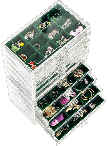 ProCase Acryl Schmuck Organizer Schmuckschatulle für Damen Durchsichtige Schmuckaufbewahrung Schmuckkästchen Schmuckbox mit 10 Schubladen für Ohrringe, Ringe, Armbänder -Emerald