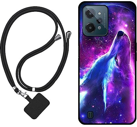 Sunrive Hülle Kompatibel mit Realme C31 Case,matt Handyhülle Schutzhülle Etui Karikatur Muster TPU Backcover (Wolf,Mond,Sterne) +1x Universale Handykette MEHRWEG