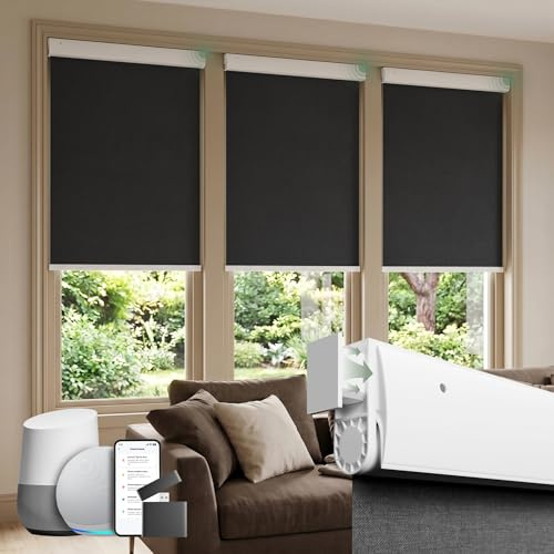 DONGFXK No Drill Motorized Blinds with Remote, Black,29 W x 72 H | Smart Blackout Roller Shades, Integral Valance Design, Tool-Free Installation, Cordless, Privacy Protect for Bedroom