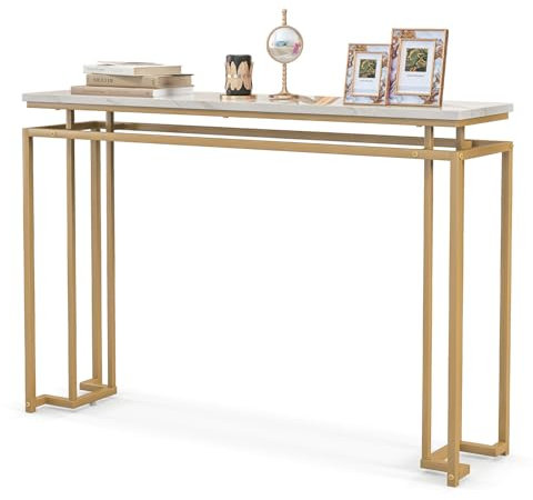COSTWAY Konsolentisch Marmor Optik, Flurtisch schmal, Beistelltisch mit Metallrahmen, Eingangstisch für Eingangsbereich, Wohnzimmer, Flur, 120 x 30 x 80,5 cm, Gold