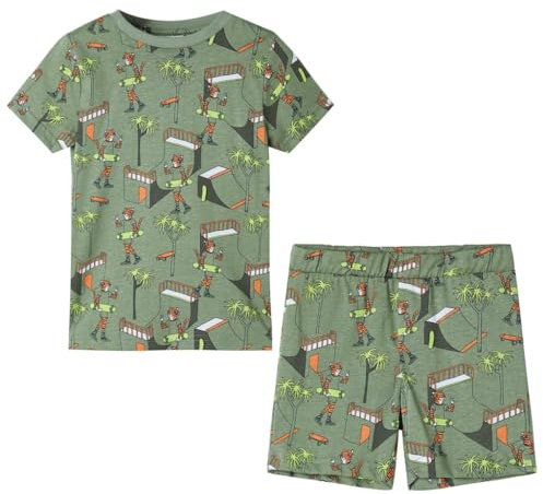 Kinderpyjama mit Kurzen Ärmeln Schlafanzug Kinder Pyjama Helles Khaki 128