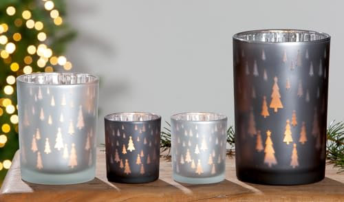 Gilde Windlicht Weihnachtsbaum Glas grau, silberfarben 40953