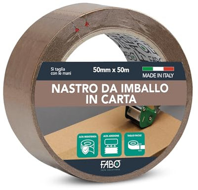 Fabo 1 Nastro Carta per Imballaggio, 50mx50mm, Ecologico, Presa Veloce, Alta Resistenza, Scrivibile, Si Taglia con le Mani, Ideale per Imballo Pacchi, Marrone, Made in Italy (1)