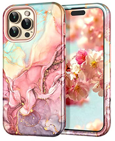Petocase for iPhone 14 Pro Max Case 6.7 inch (2022), Marble Pattern 3 in 1 Heavy Duty Full Body Shockproof Hard PC+Soft Silicone Drop Protective Women Girls Cover for iPhone 14 Pro Max, Rose Gold