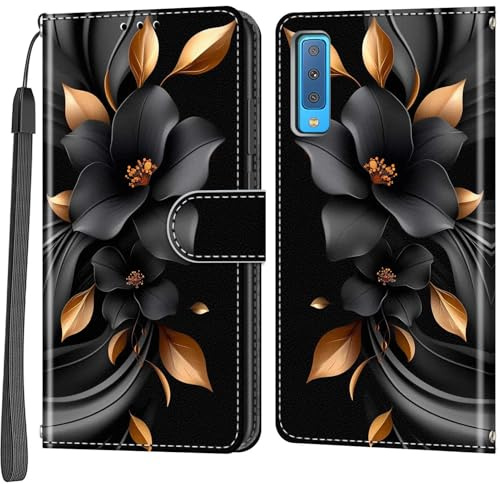 Handyhülle für Samsung Galaxy A7 (2018) Hülle, Blätter und Blüten | Magnetische, Stoßfeste Faltbar Klapphülle, Standfunktion, Kartenfächern, Geldbeutel, PU Lederhülle, Handytasche