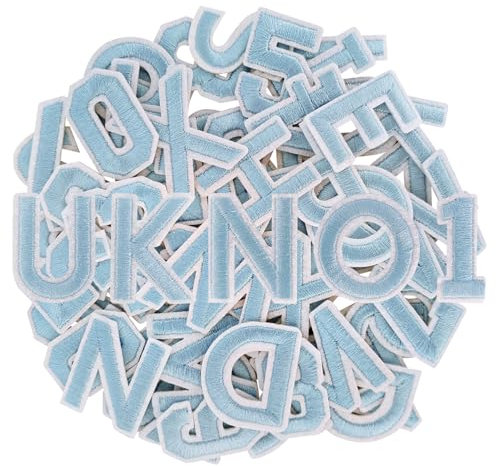 GYGYL 72 Pieces Iron on Letters and Numbers Patches, Embroidered Sew on/Iron on Patches Alphabet A-Z, Numbers 0-9 Applique for Clothes, Dress, Hat, Socks, Jeans, DIY Accessories (Light Blue)