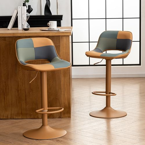 YOUNIKE Bar Stools Set of 2, Boho Colorful Patchwork Barstools, Adjustable Swivel Counter Stools Faux Leather Upholstered Counter Chairs with Hollow Back, Bar Chair for Kitchen Island, Tan