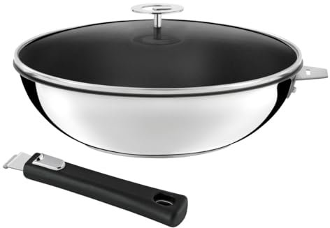 CUISINOX - Malice - Wok 28 cm avec revêtement céramique, couvercle et poignée noire - Fond sandwich - Compatible tous feux dont induction - Acier Inox 18/10 - Finition brillant - Poignée Amovible