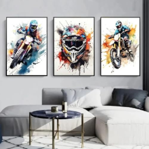 RDRDtbtr Beliebte Sport-Leinwandgemälde Offroad-Motorrad-Poster Kunstdrucke abstrakte Wand Bilder Bilder für Jungenzimmer Heimdekoration 40 x 60 cm x 3 ungerahmt