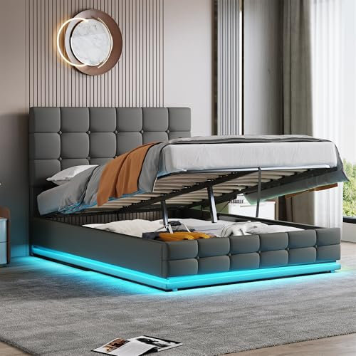 Jtyca Ottoman Double Bed Frame with Storage, Upholstered Bed Frame with Adjustable Headboard, Velvet Double Bed Frame with Hydraulic and LED-Light Strips, Grey, 4FT6-135 x 190 cm, (No Mattress)