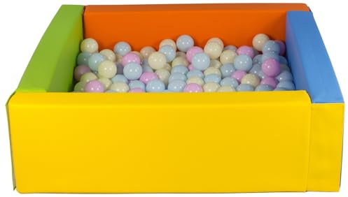 Velinda Piscine à balles carrée avec 300 balles, Cuir écologique, 5 éléments (Couleur de la Piscine/de balles: Jaune, Vert, Bleu, Orange/Rose, Bleu, Jaune (Pastel))