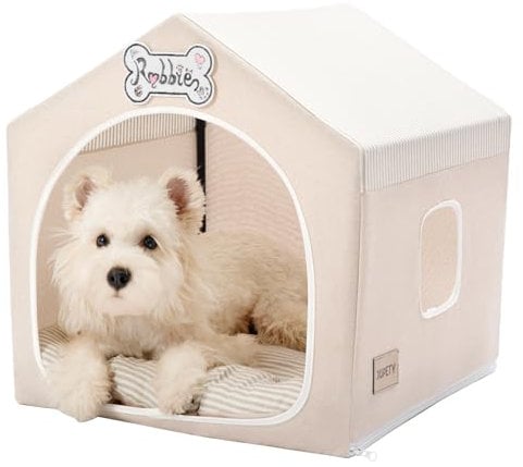 Jiupety Hundehöhle Hundehütte Indoor mit Rahmen, Waschbare, Zusammenklappbare Hundezelt, Hundehaus für Drinnen, Belüftbares Hundebett mit Dach für 4-9 kg, M Größe 43x43x43 cm, Beige