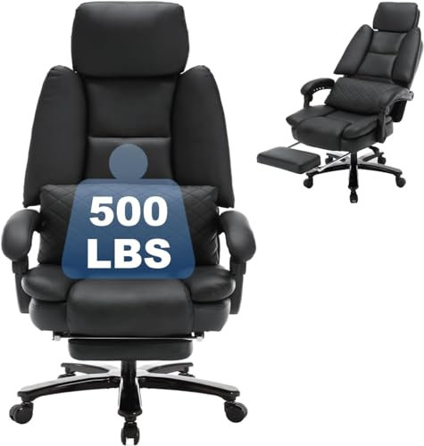 KCREAM Bürostuhl Ergonomischer Chefsessel mit Fußstütze 250kg Belastbarkeit, Großer Bürostuhl Drehstuhl mit Rollen PU Leder, Chefsessel mit Verstellbarer Lendenwirbelstütze, Schwarz