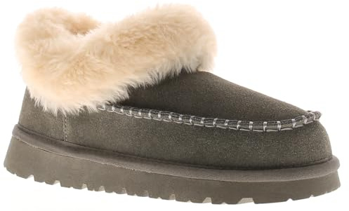 Apache Genuine Leather & Suede Moccasin Slippers for Women - Faux Fur Lined. Cushioned Comfort. Non-Slip Rubber Sole