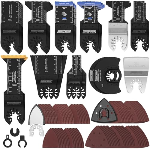 116 pcs Multitool Saw Blades & Sanding Kit for Cutting Wood, Plastic, Metal | EffektWerk durable HCS blade set with bosch / dremel adapters, scraper, sander pads, sandpapers - fits most oscillating tools