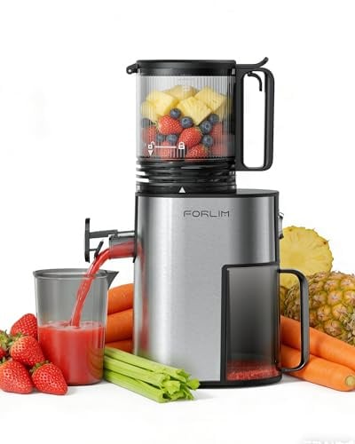 FORLIM Extractor de Zumos y Verduras, 130mm Boca Grande Autoalimentada, 250W Automático Lento Masticador con 1,7L Tolva, Alto Rendimiento, Fácil Limpieza, Plata Clásica