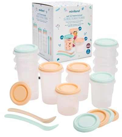 Miniland recipientes herméticos para alimentos bebé | Set 12 Hermisized | Tupper comida bebé, 12 unidades, 3 tamaños 200, 250 y 330 ml, aptos para congelar y calentar, sin BPA, con marcas de medida